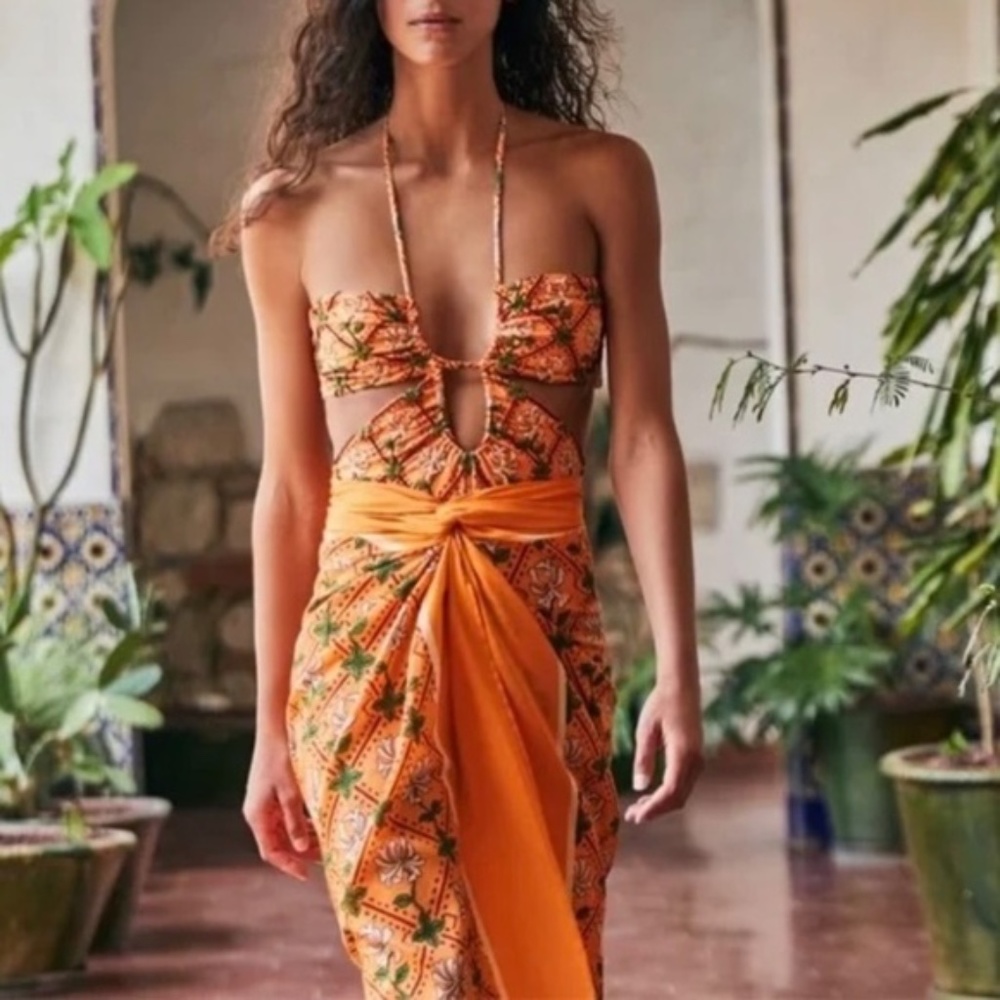 Agua by Agua Bendita Lavanda Orange Herbal  Print Cotton & Silk Blend Pareo